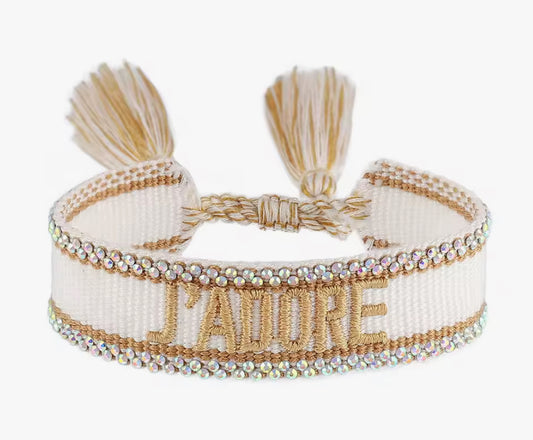 LUXUS Bling Statement Armband weiß „J‘ADORE“